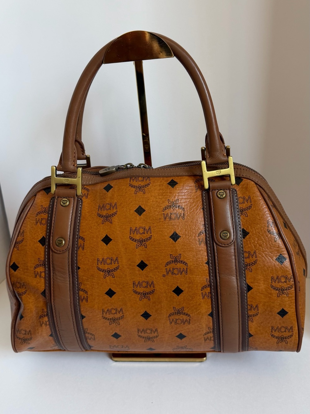 MCM Cognac Monogram Boston Satchel with Brown Trim - Picture 2 of 13